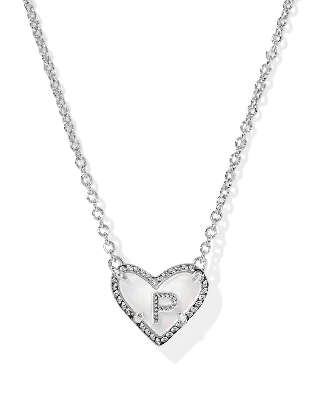 Kendra Scott | Ari Heart Initial Letter Silver Reversible Short Pendant Necklace in Ivory Mother-of-Pearl