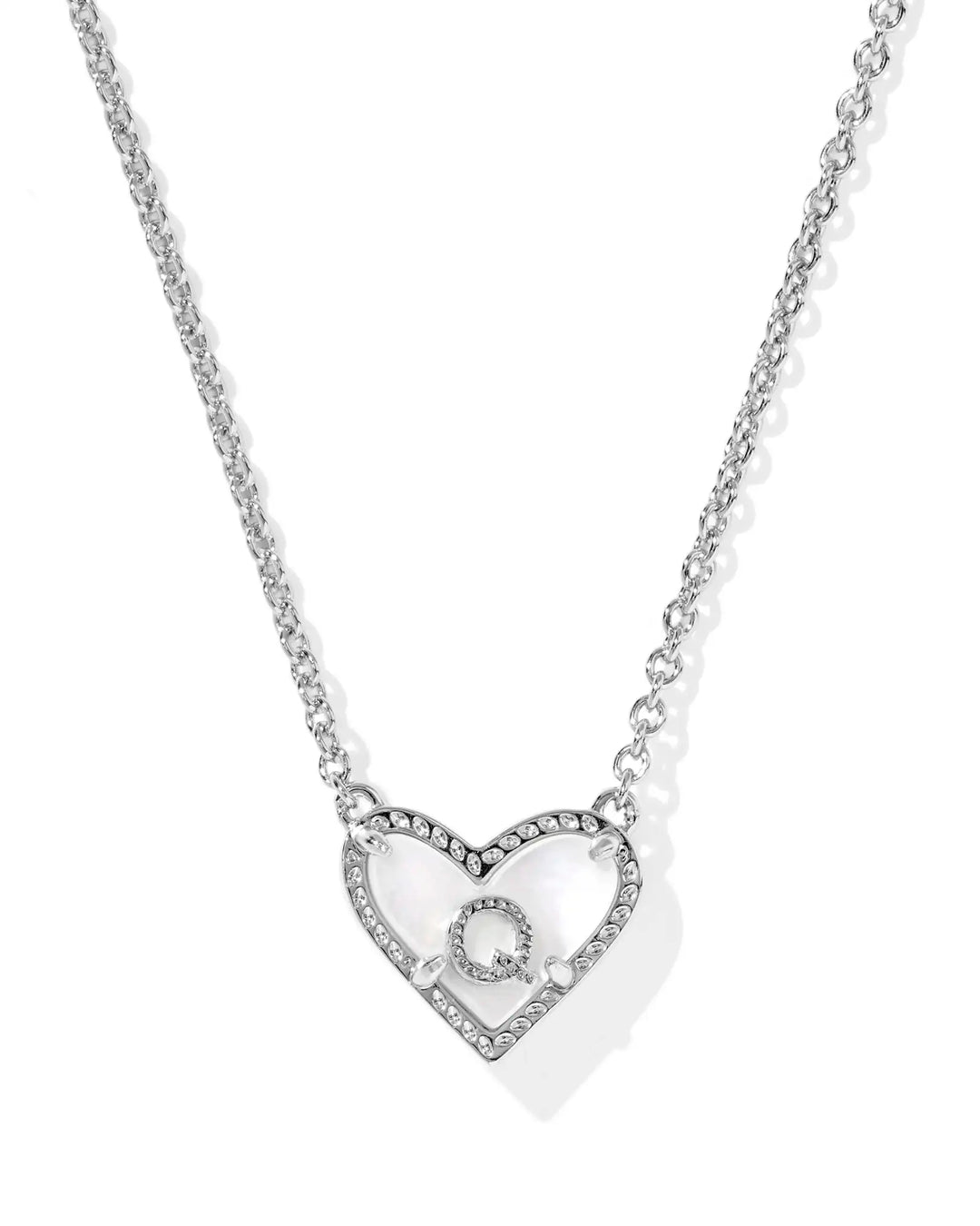 Kendra Scott | Ari Heart Initial Letter Silver Reversible Short Pendant Necklace in Ivory Mother-of-Pearl