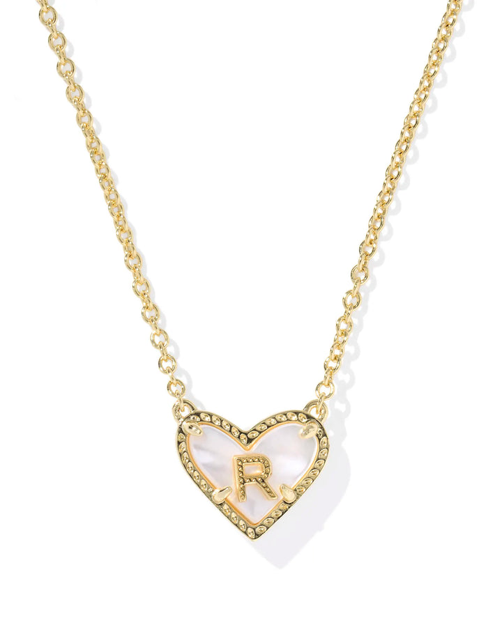 Kendra Scott | Ari Heart Initial Letter Gold Reversible Short Pendant Necklace in Ivory Mother-of-Pearl