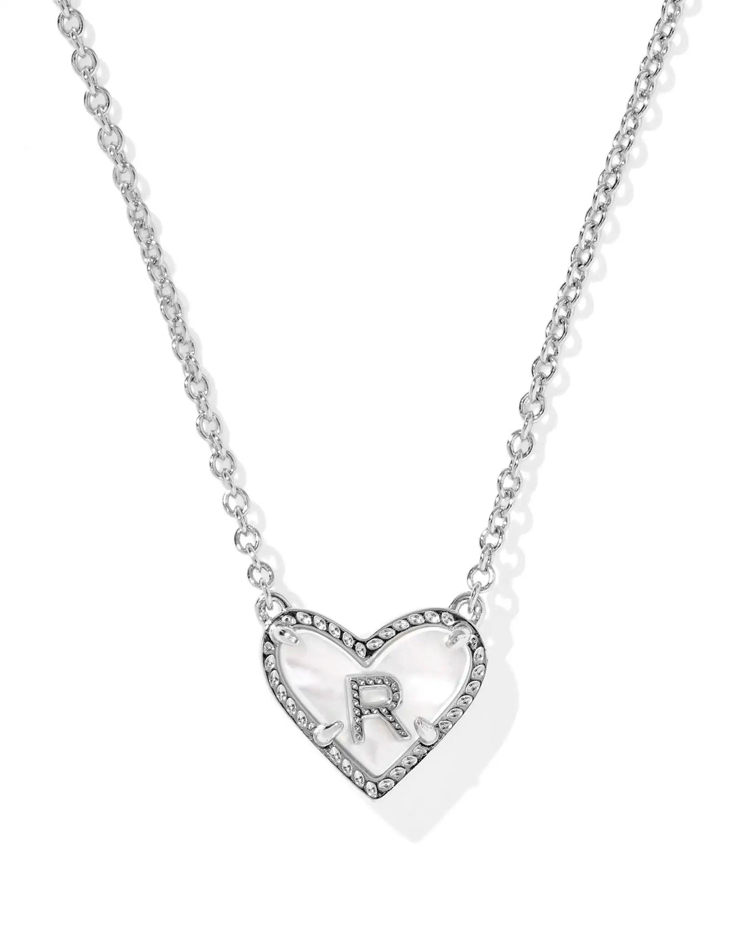Kendra Scott | Ari Heart Initial Letter Silver Reversible Short Pendant Necklace in Ivory Mother-of-Pearl