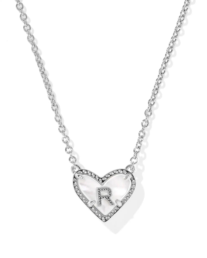 Kendra Scott | Ari Heart Initial Letter Silver Reversible Short Pendant Necklace in Ivory Mother-of-Pearl