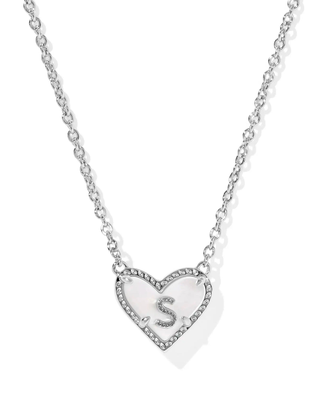 Kendra Scott | Ari Heart Initial Letter Silver Reversible Short Pendant Necklace in Ivory Mother-of-Pearl