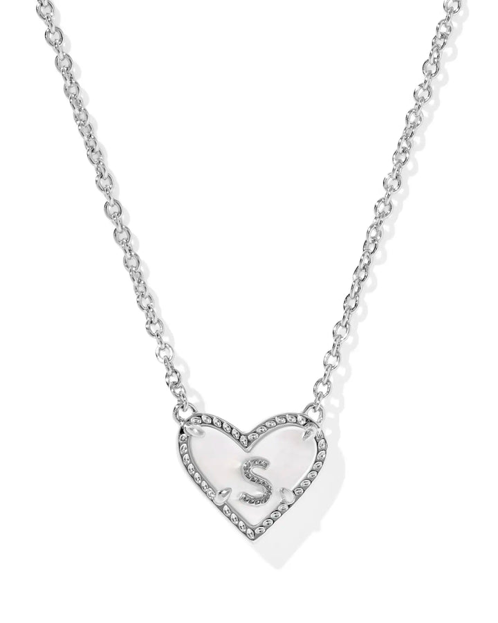 Kendra Scott | Ari Heart Initial Letter Silver Reversible Short Pendant Necklace in Ivory Mother-of-Pearl