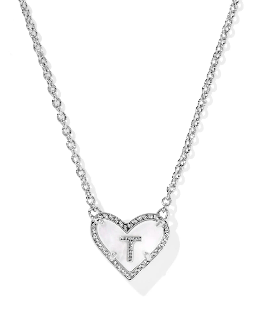 Kendra Scott | Ari Heart Initial Letter Silver Reversible Short Pendant Necklace in Ivory Mother-of-Pearl