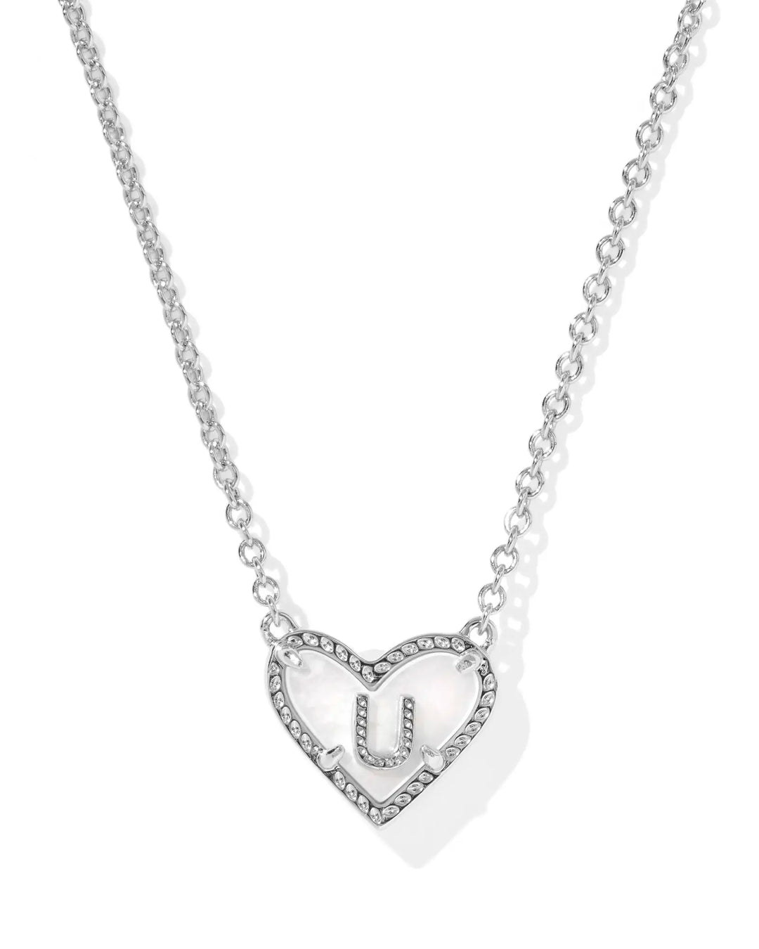 Kendra Scott | Ari Heart Initial Letter Silver Reversible Short Pendant Necklace in Ivory Mother-of-Pearl