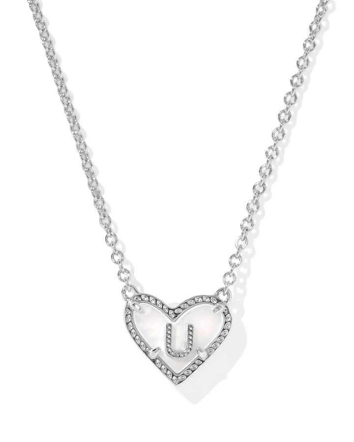 Kendra Scott | Ari Heart Initial Letter Silver Reversible Short Pendant Necklace in Ivory Mother-of-Pearl