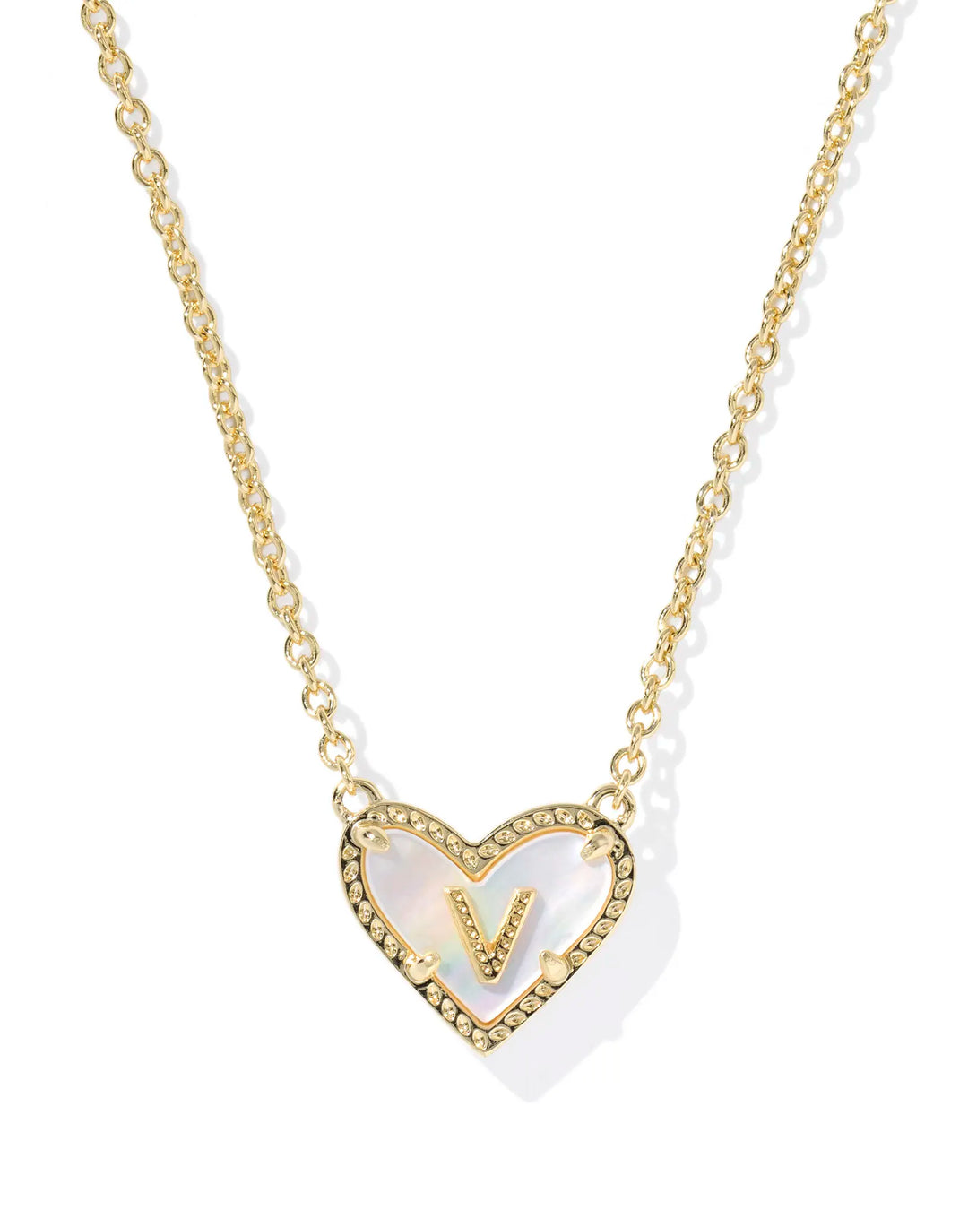 Kendra Scott | Ari Heart Initial Letter Gold Reversible Short Pendant Necklace in Ivory Mother-of-Pearl