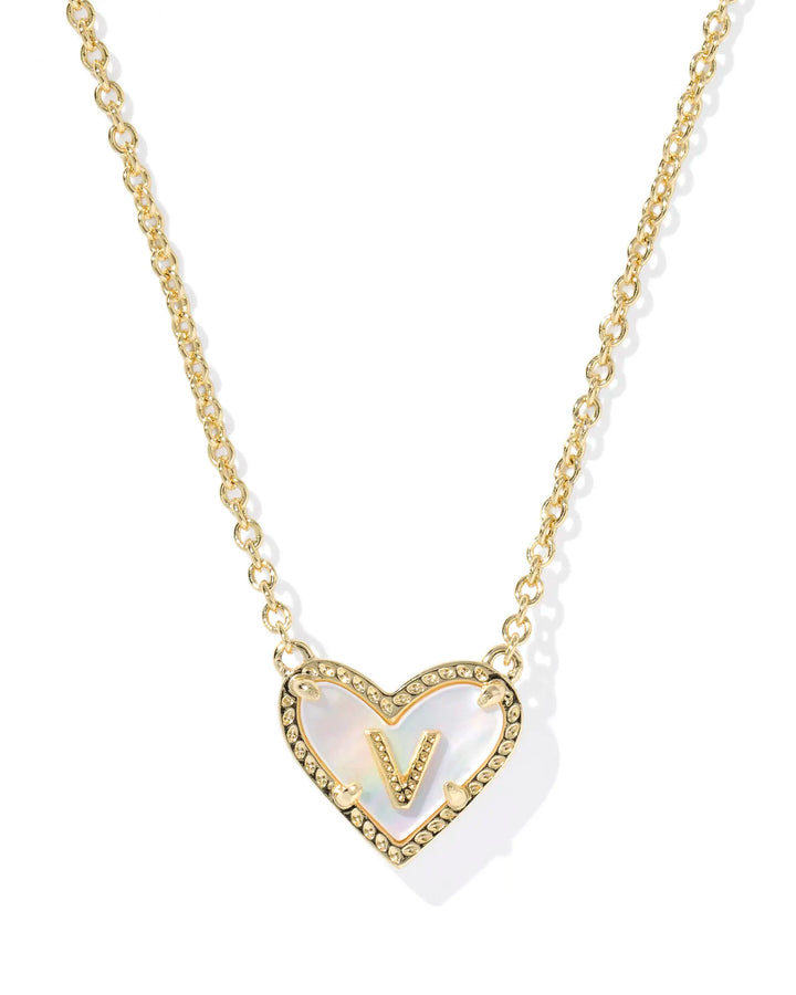 Kendra Scott | Ari Heart Initial Letter Gold Reversible Short Pendant Necklace in Ivory Mother-of-Pearl