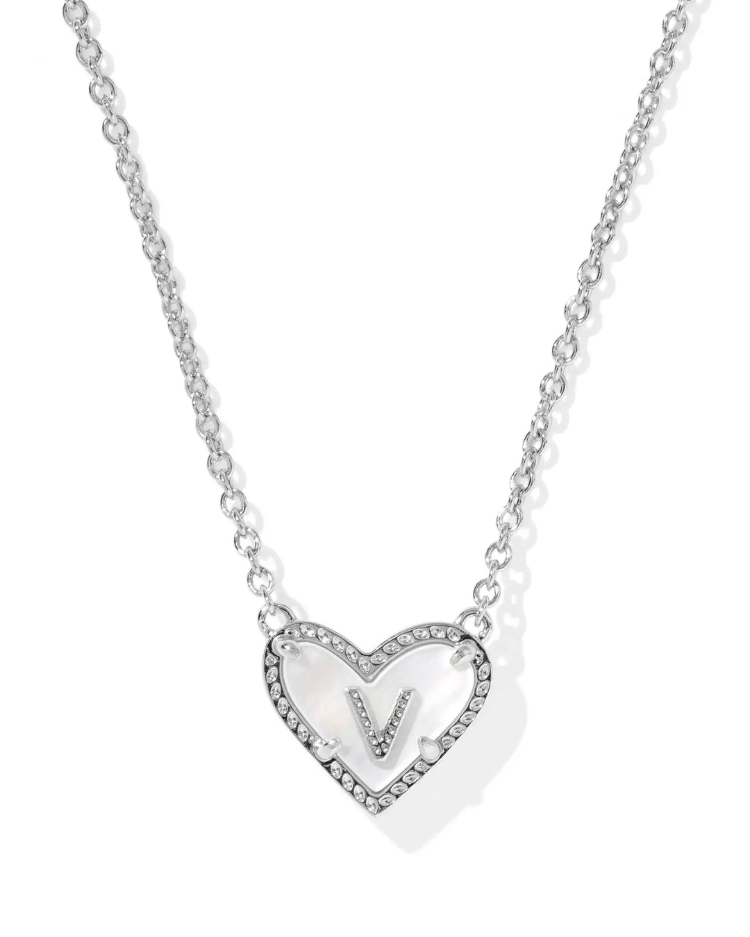 Kendra Scott | Ari Heart Initial Letter Silver Reversible Short Pendant Necklace in Ivory Mother-of-Pearl