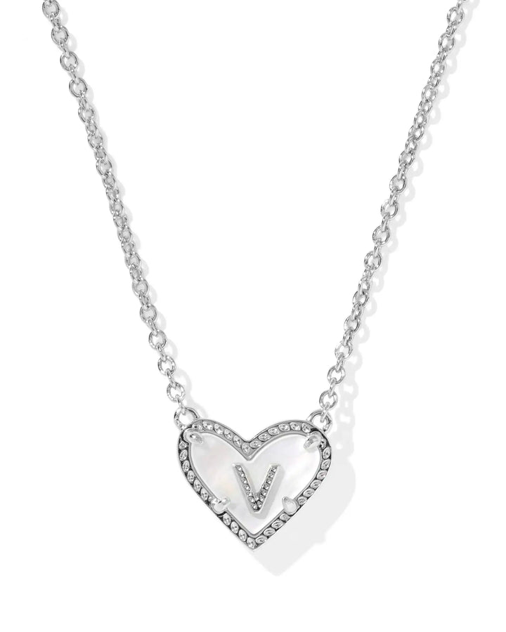 Kendra Scott | Ari Heart Initial Letter Silver Reversible Short Pendant Necklace in Ivory Mother-of-Pearl