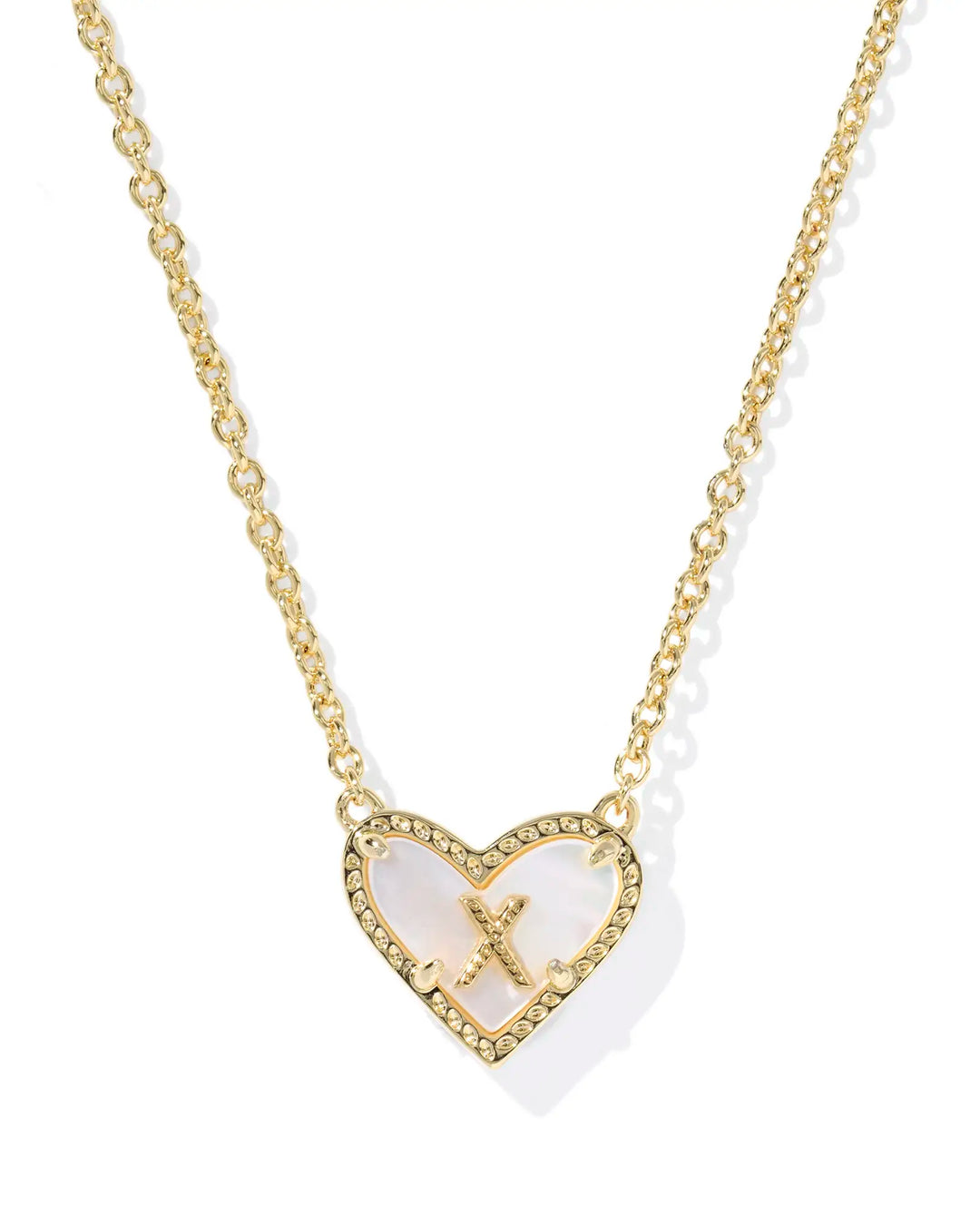 Kendra Scott | Ari Heart Initial Letter Gold Reversible Short Pendant Necklace in Ivory Mother-of-Pearl