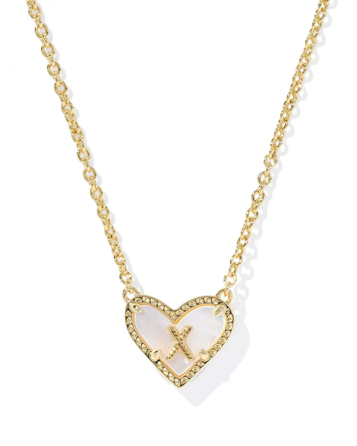 Kendra Scott | Ari Heart Initial Letter Gold Reversible Short Pendant Necklace in Ivory Mother-of-Pearl