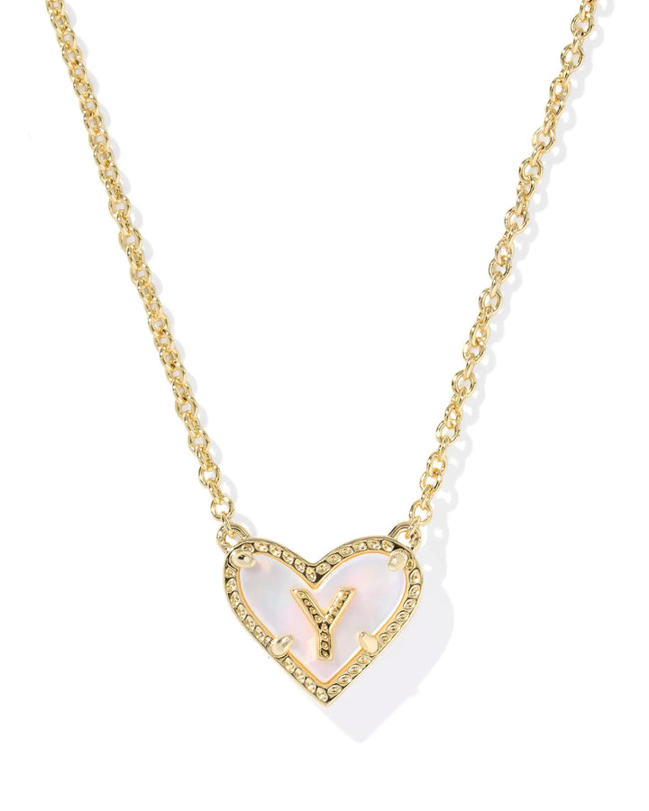 Kendra Scott | Ari Heart Initial Letter Gold Reversible Short Pendant Necklace in Ivory Mother-of-Pearl