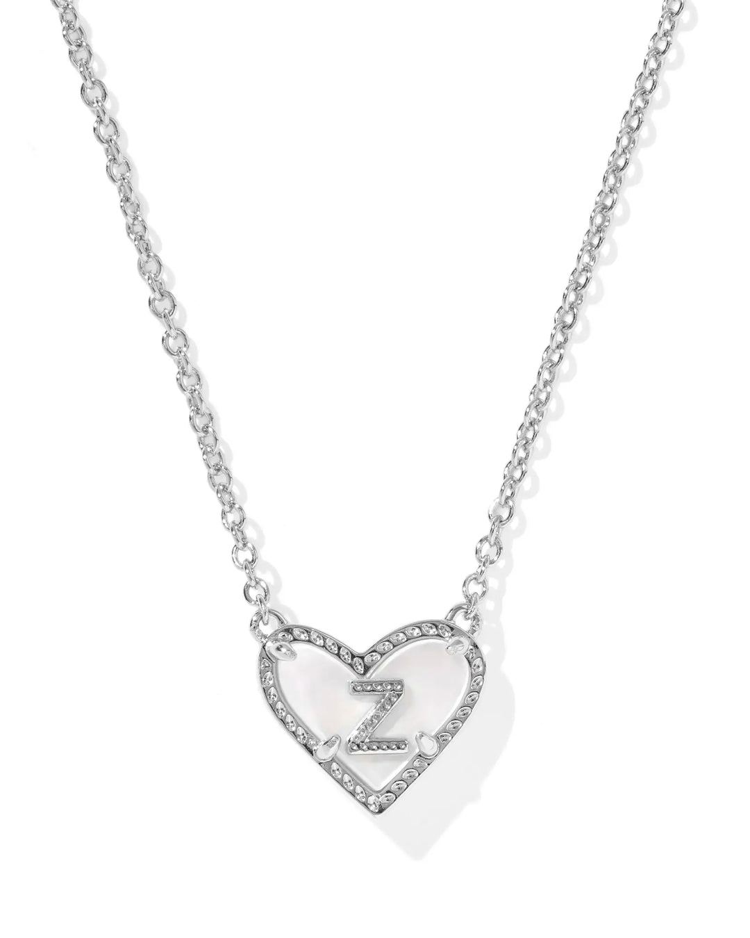 Kendra Scott | Ari Heart Initial Letter Silver Reversible Short Pendant Necklace in Ivory Mother-of-Pearl