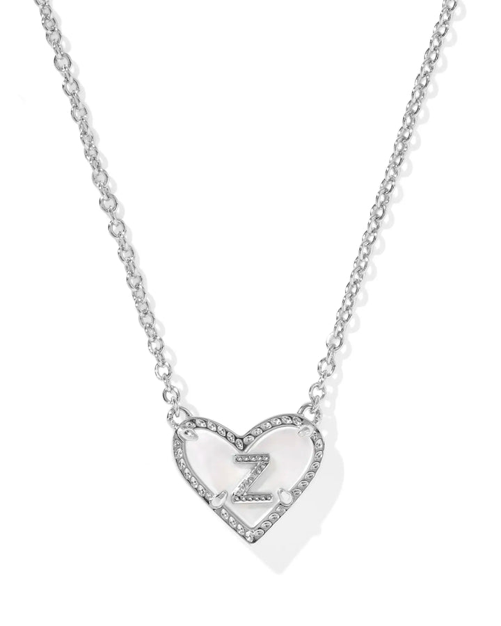 Kendra Scott | Ari Heart Initial Letter Silver Reversible Short Pendant Necklace in Ivory Mother-of-Pearl