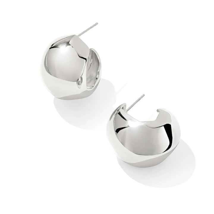Pair of silver hoop earrings on a white background