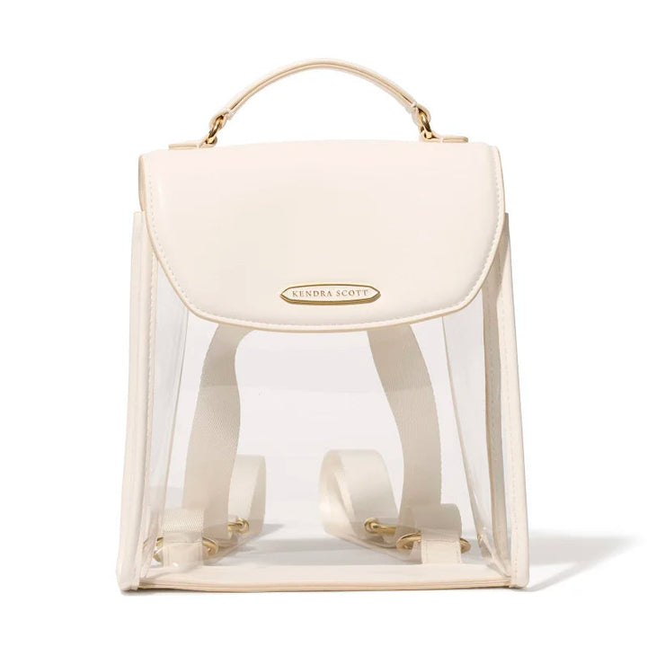 White backpack with clear front section on a white background