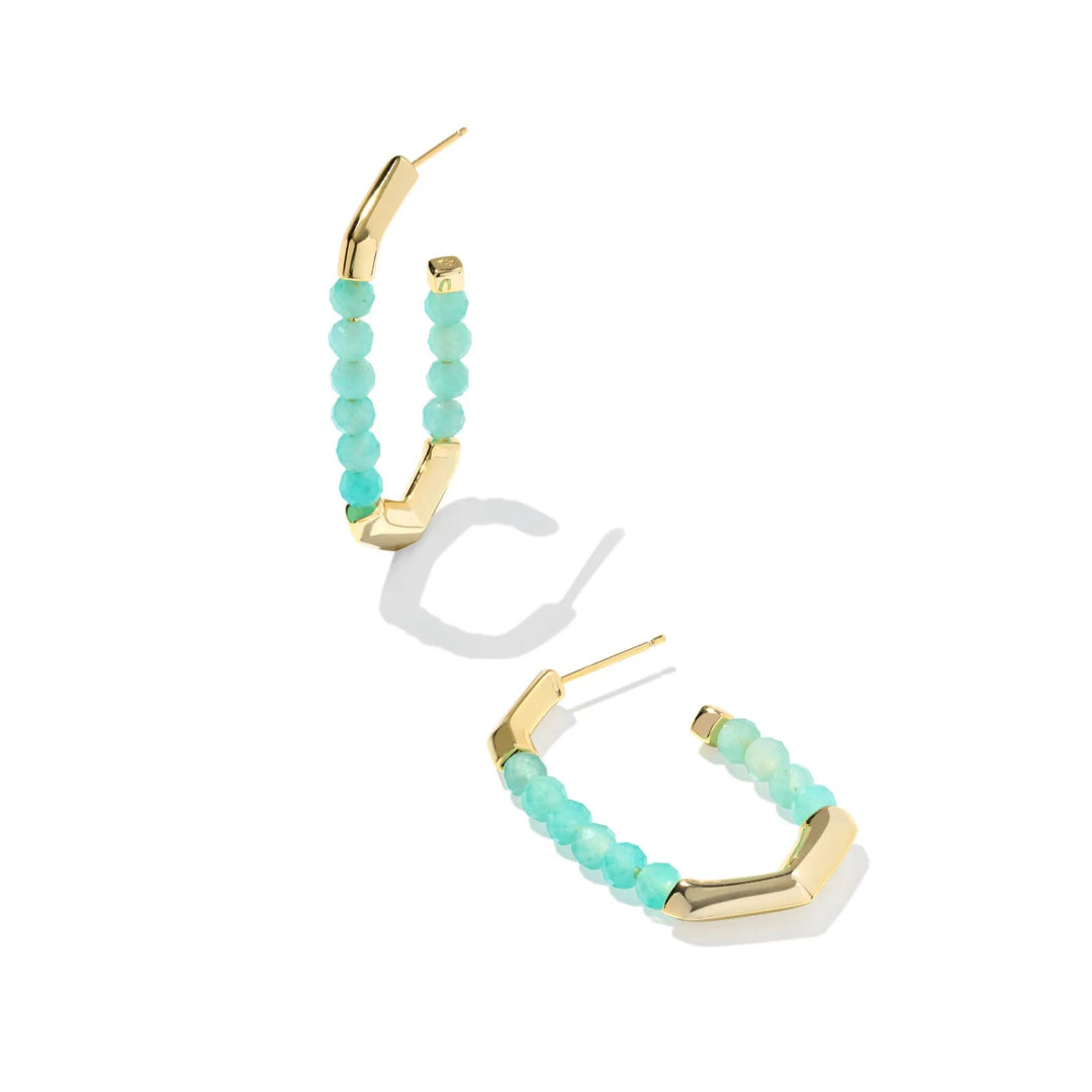 A solid white background with a hoop earring that is gold with 2 sections of Teal Amazonite beads