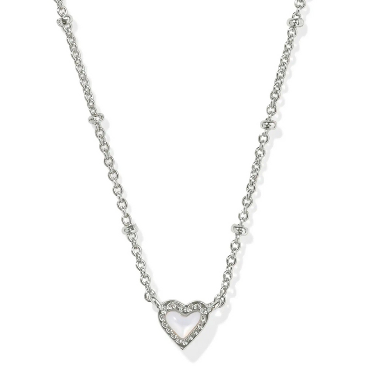 Kendra Scott | Mini Ari Heart Silver Satellite Short Pendant Necklace in Ivory Mother of Pearl