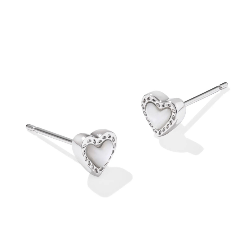 Kendra Scott | Mini Ari Silver Heart Studs in Ivory Mother of Pearl