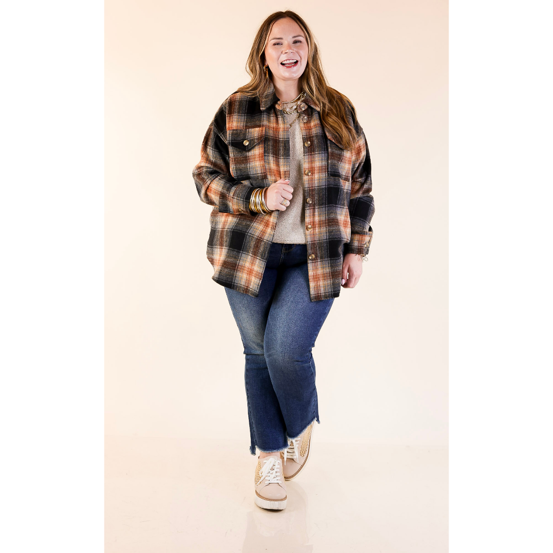 Kindness Everywhere Button Up Plaid Shacket in Black Mix