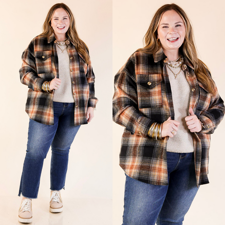 Kindness Everywhere Button Up Plaid Shacket in Black Mix