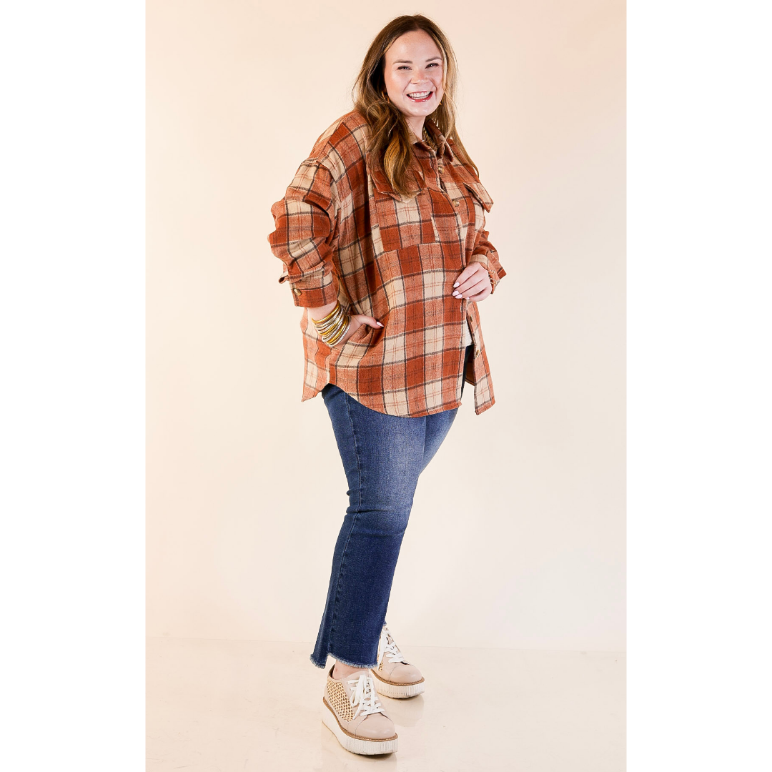 Kindness Everywhere Button Up Plaid Shacket in Burnt Orange