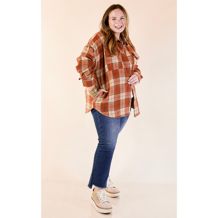 Kindness Everywhere Button Up Plaid Shacket in Burnt Orange