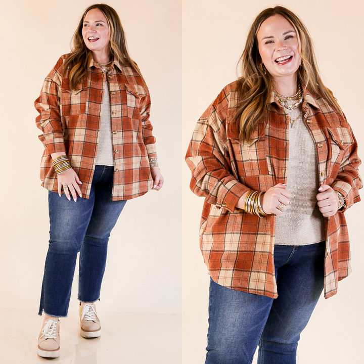 Kindness Everywhere Button Up Plaid Shacket in Burnt Orange