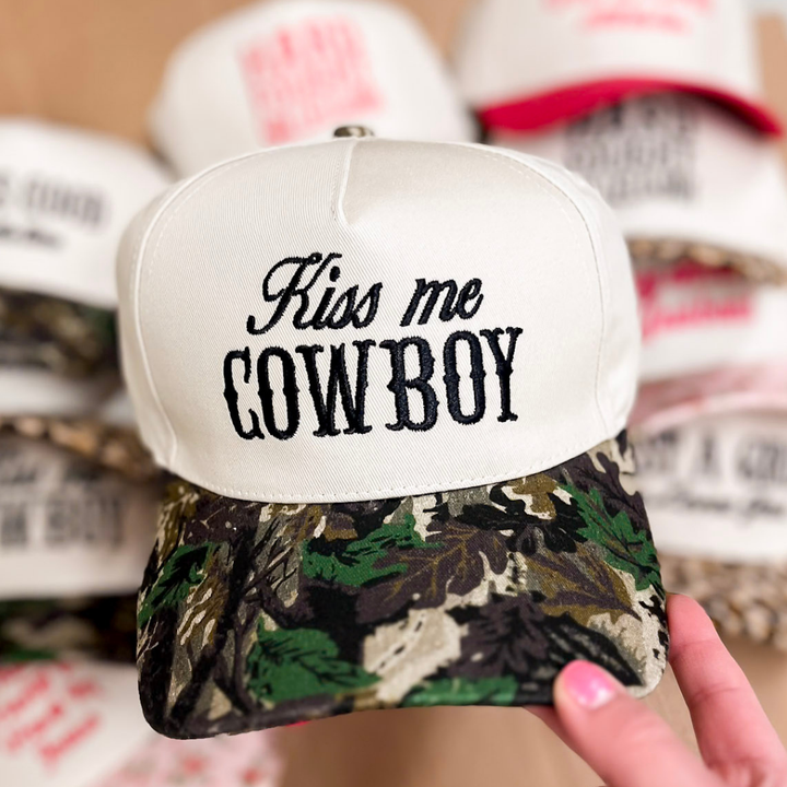 Kiss Me Cowboy Two Tone Canvas Trucker Hat in Multiple Color Options