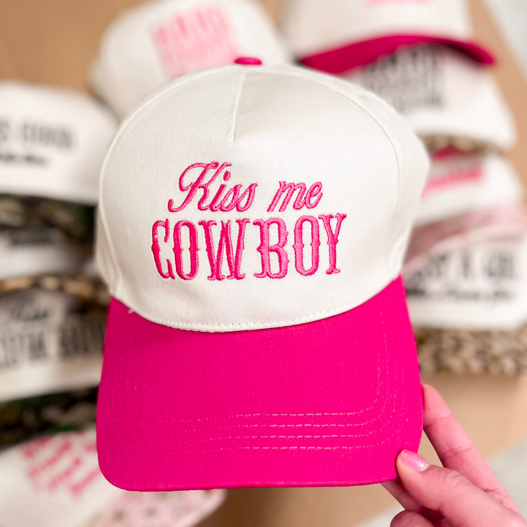 Pink and white cap with &