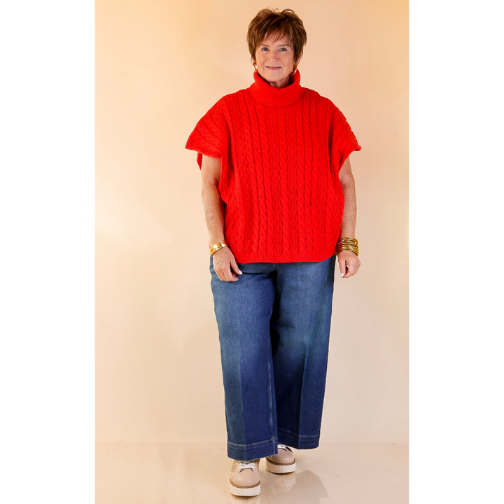 Knit to Be Cable Knit Turtleneck Sweater in Red
