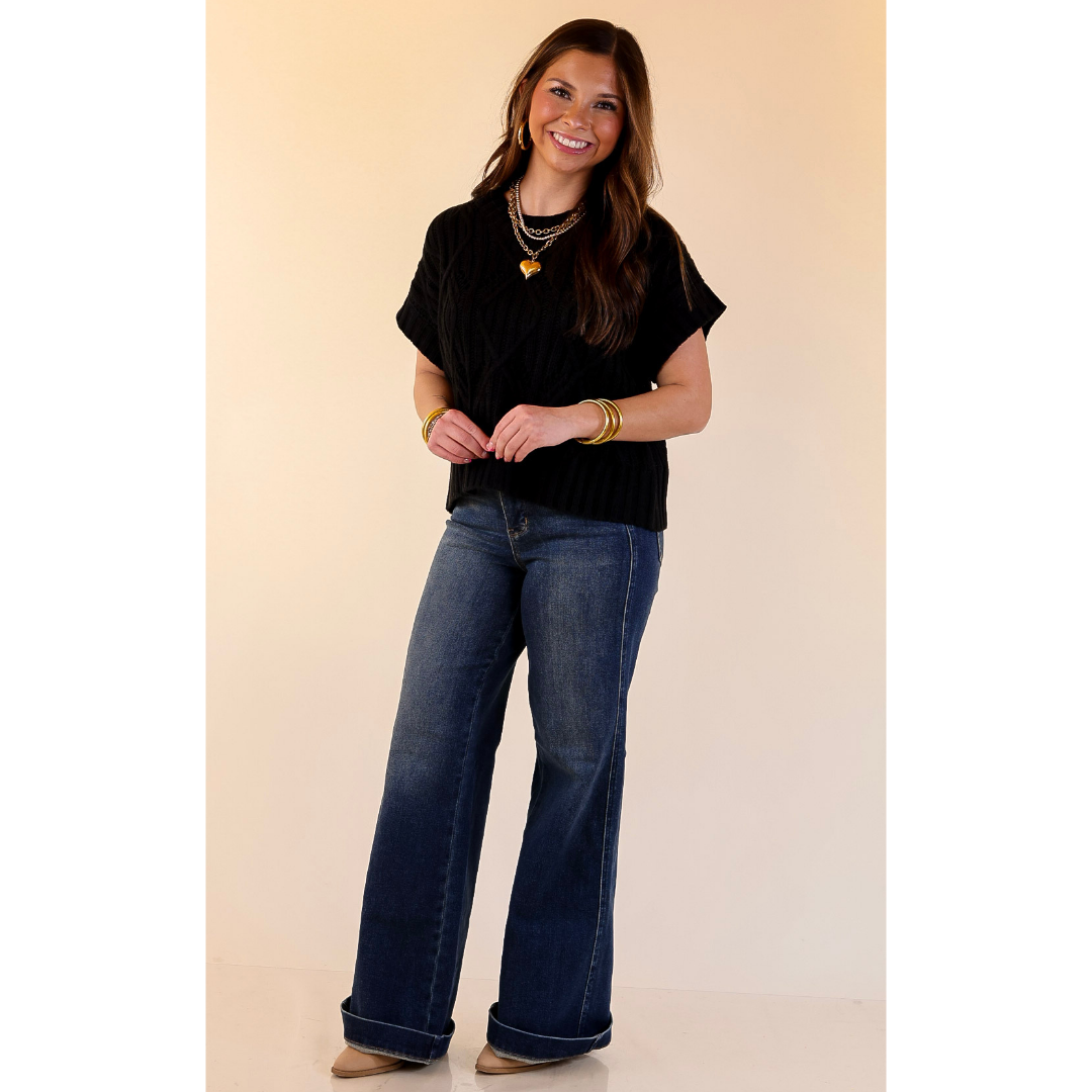Knit to Last Cable Knit Short Sleeve Sweater Top in Black