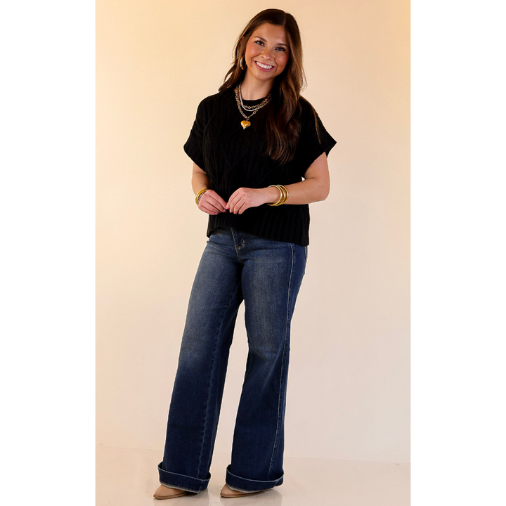 Knit to Last Cable Knit Short Sleeve Sweater Top in Black