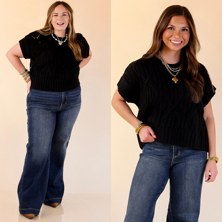 Knit to Last Cable Knit Short Sleeve Sweater Top in Black