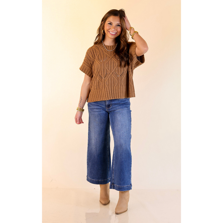 Knit to Last Cable Knit Short Sleeve Sweater Top in Camel Brown