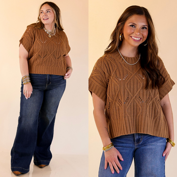 Knit to Last Cable Knit Short Sleeve Sweater Top in Camel Brown