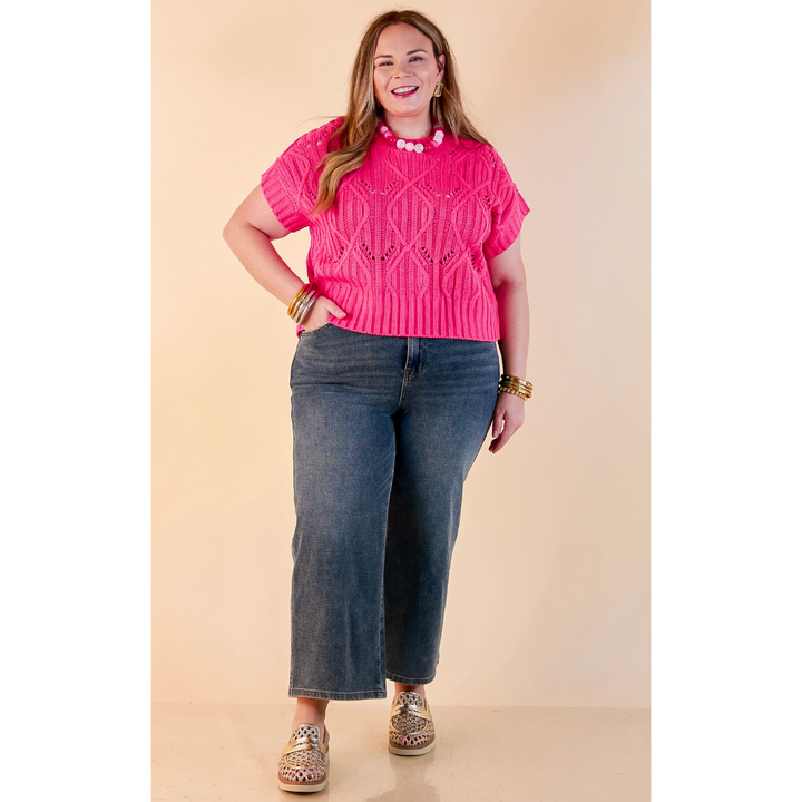Knit to Last Cable Knit Short Sleeve Sweater Top in Hot Pink