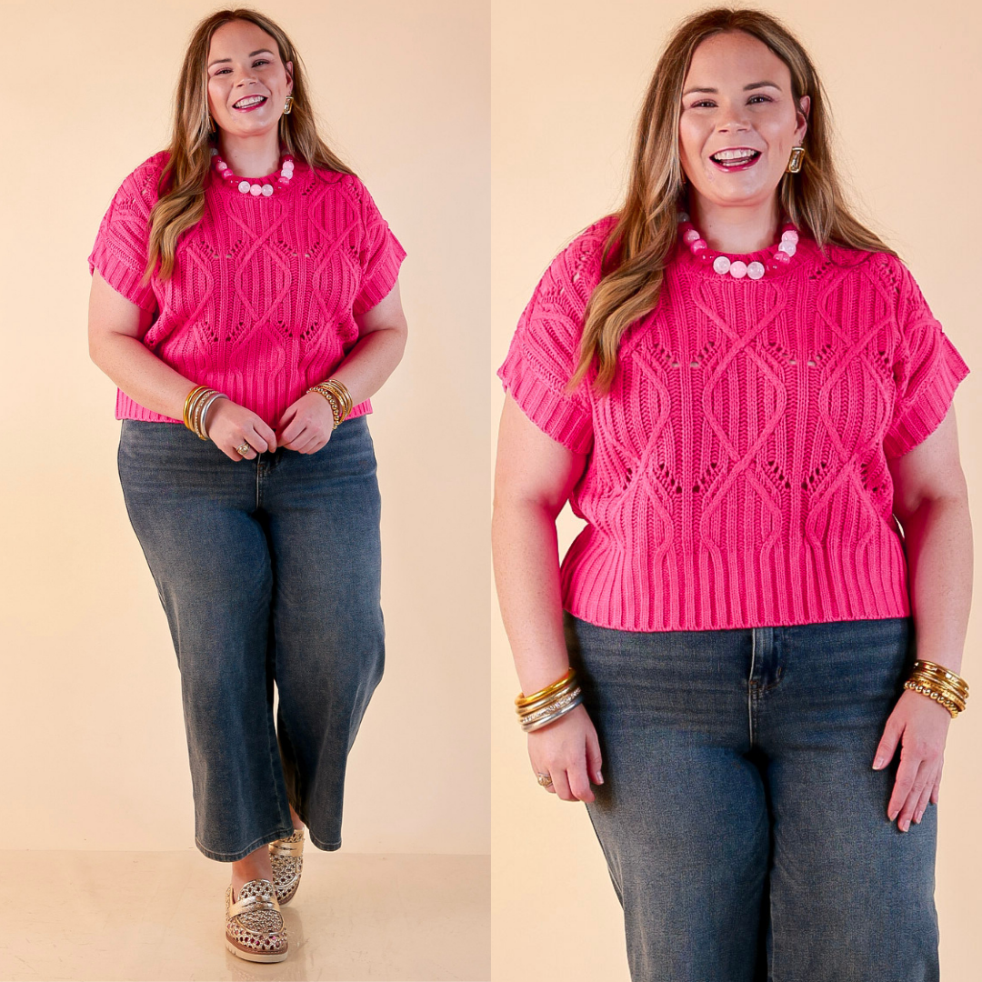 Knit to Last Cable Knit Short Sleeve Sweater Top in Hot Pink