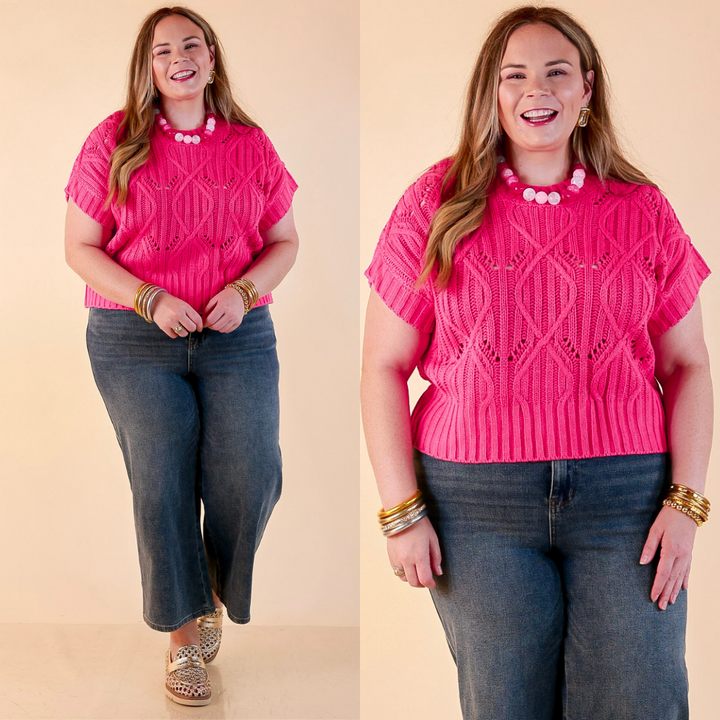 Knit to Last Cable Knit Short Sleeve Sweater Top in Hot Pink
