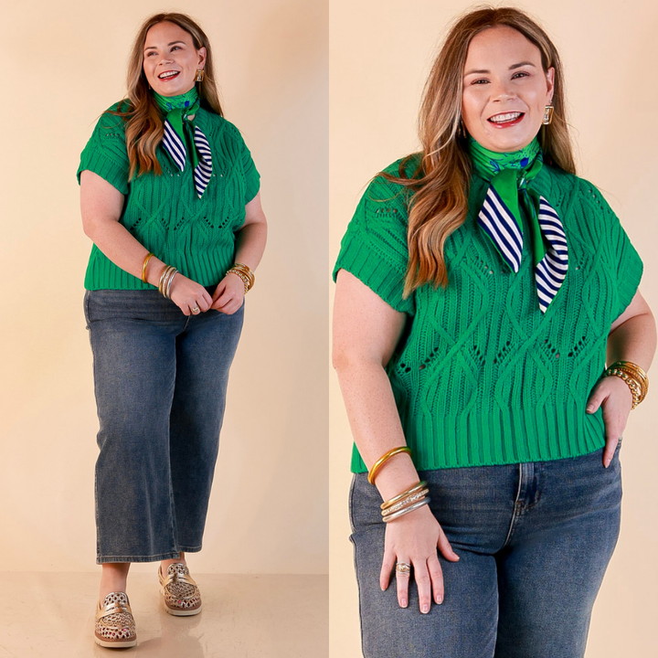 Knit to Last Cable Knit Short Sleeve Sweater Top in Kelly Green