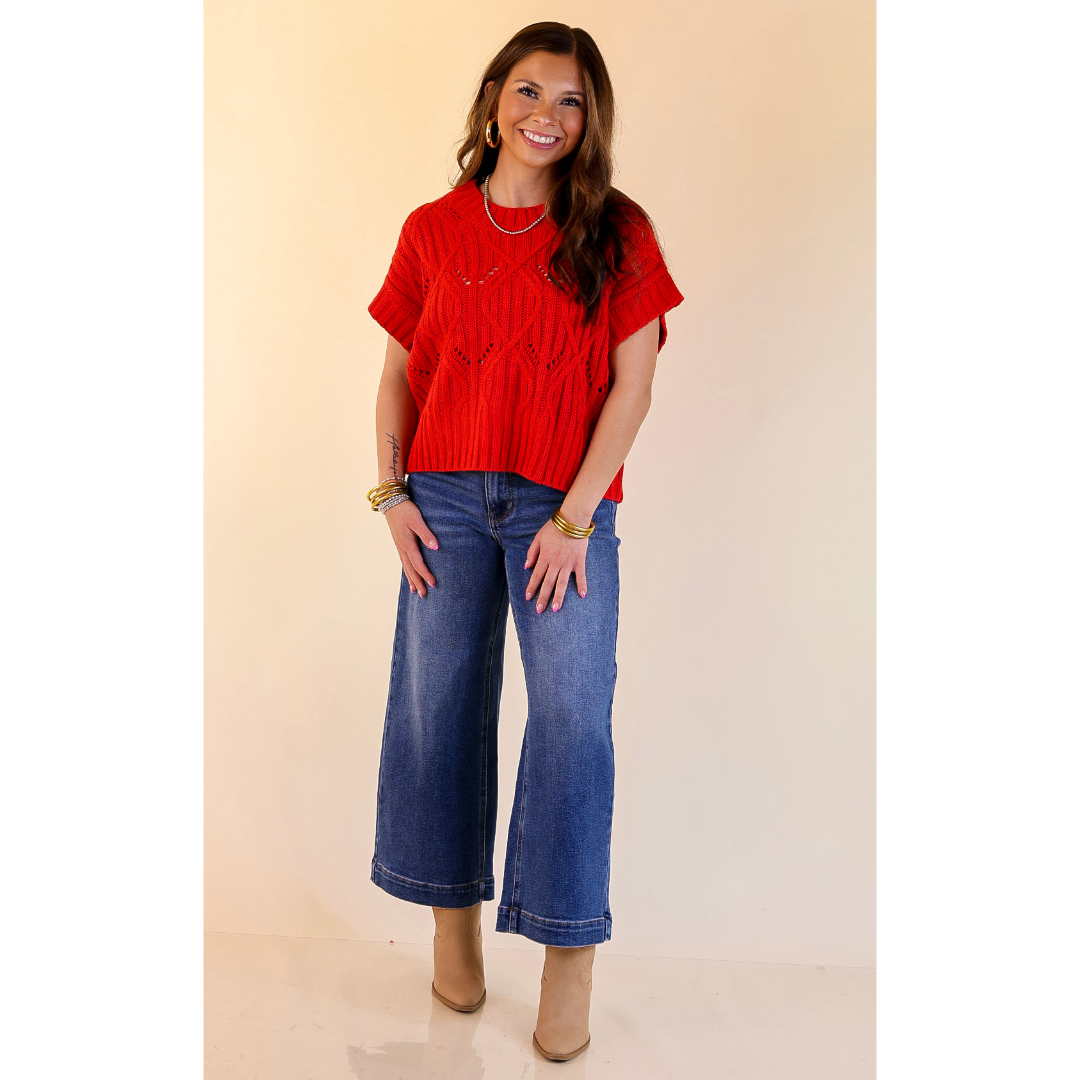 Knit to Last Cable Knit Short Sleeve Sweater Top in Red