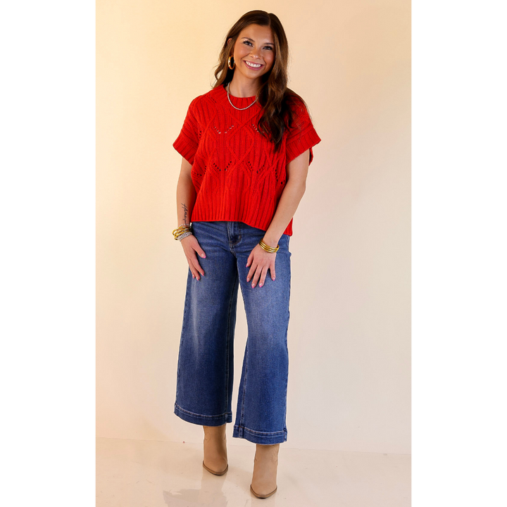 Knit to Last Cable Knit Short Sleeve Sweater Top in Red