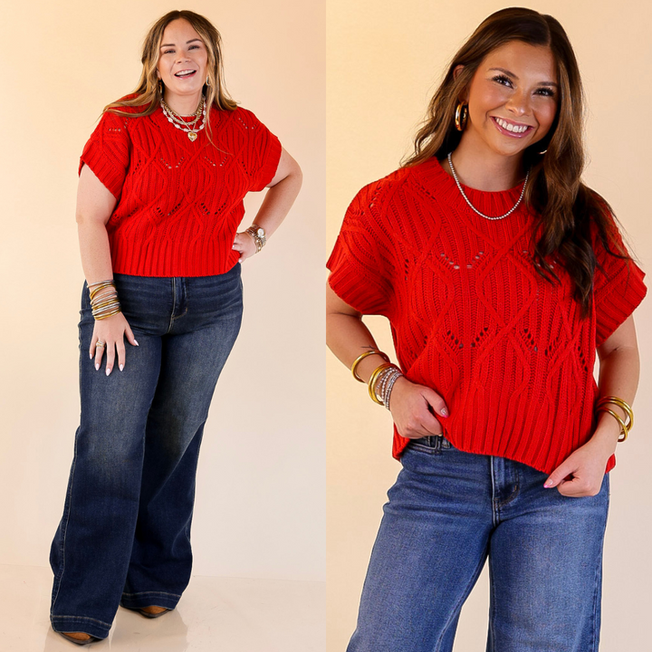 Knit to Last Cable Knit Short Sleeve Sweater Top in Red