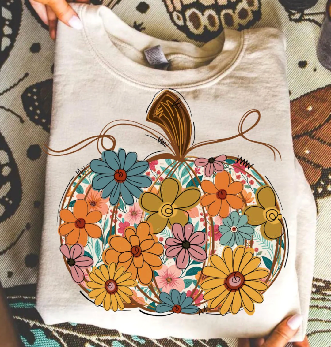 Custom Made to Order | Flower Power Pumpkin Graphic Tee or Sweatshirt in Multiple Printing Options on Sand