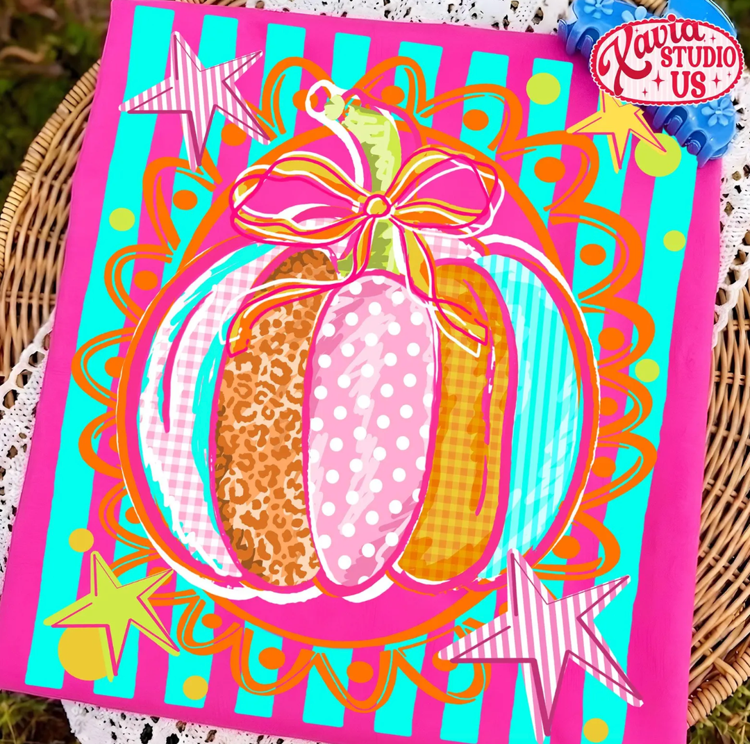 Custom Made to Order | Girly Mixed Print Pumpkin Graphic Tee or Sweatshirt in Multiple Printing Options on Hot Pink
