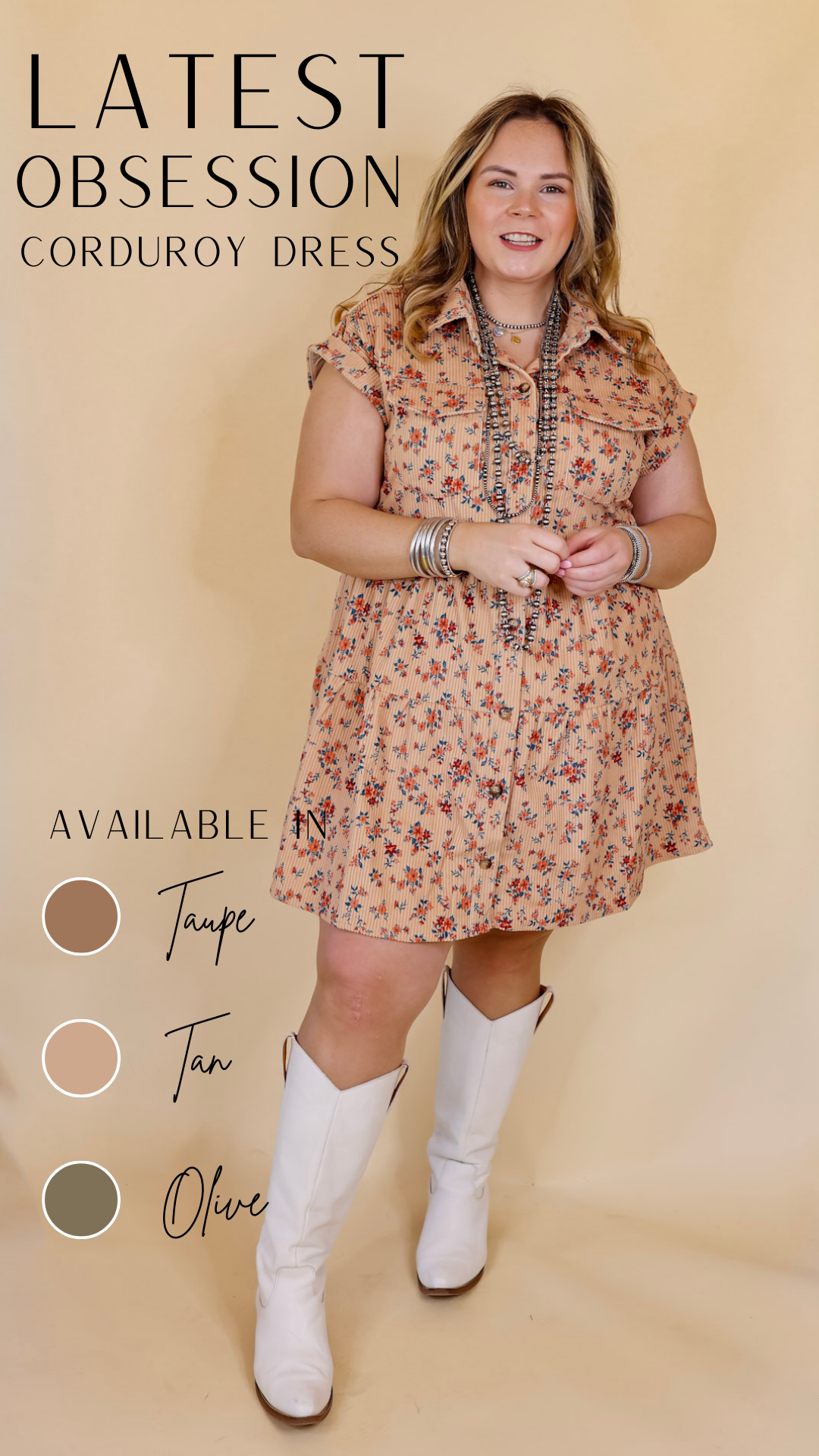 Latest Obsession Button Up Floral Corduroy Dress in Tan - Giddy Up Glamour Boutique