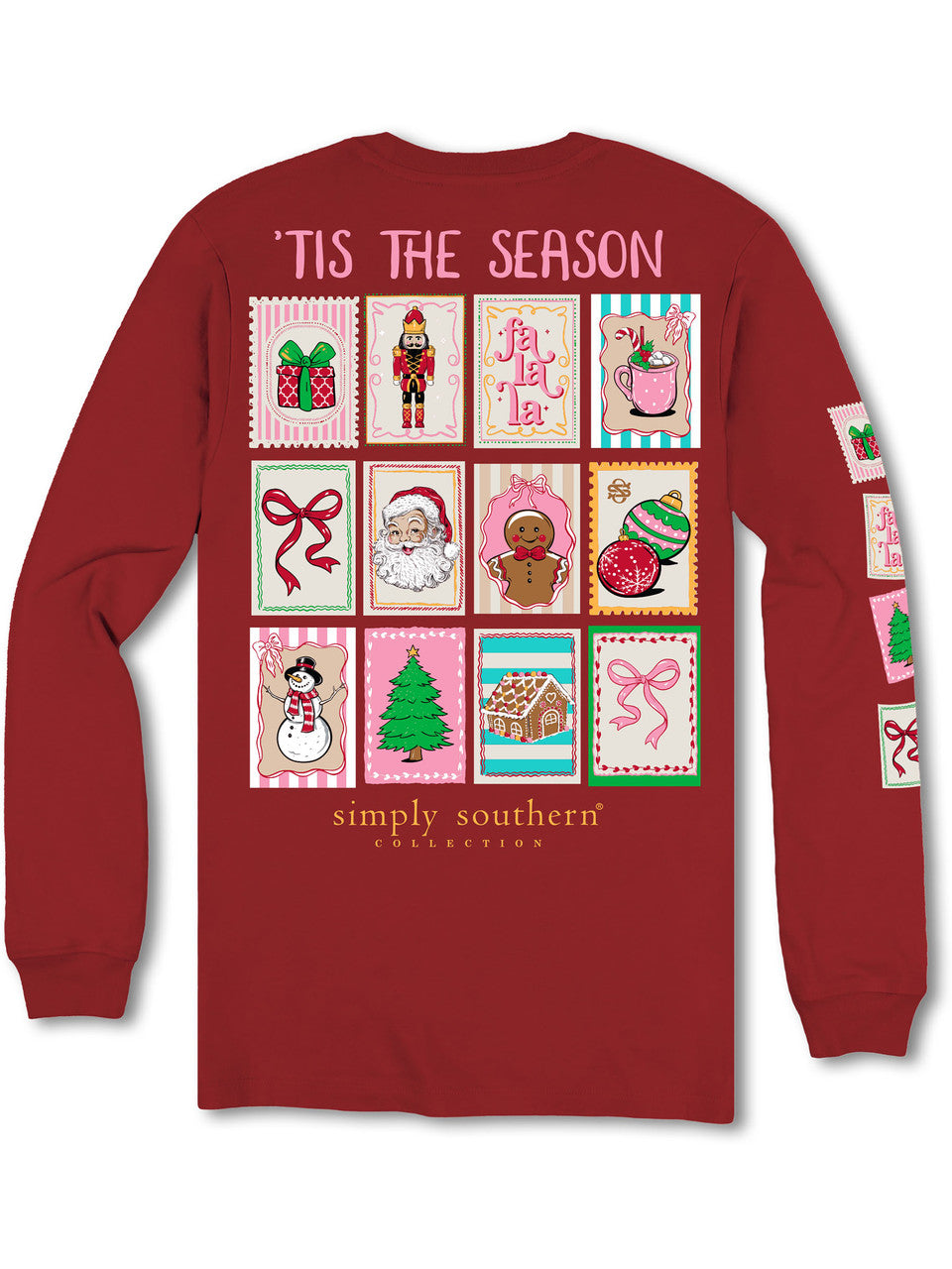 Simply Southern | Merry Mail Holiday Stamps Long Sleeve Graphic T-Shirt in Maroon