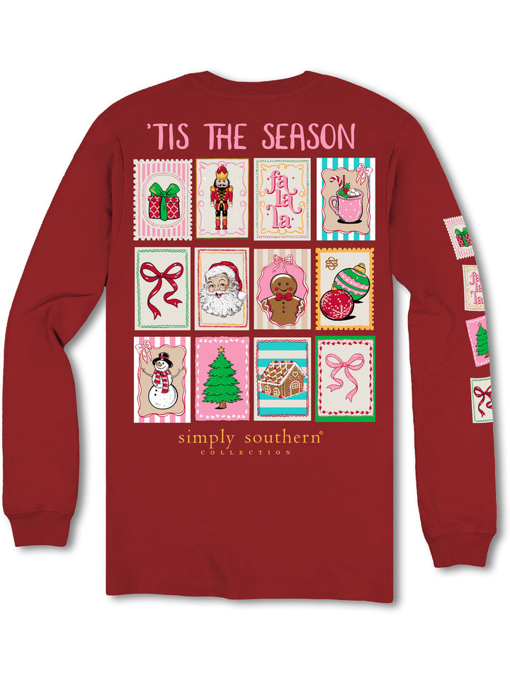 Simply Southern | Merry Mail Holiday Stamps Long Sleeve Graphic T-Shirt in Maroon