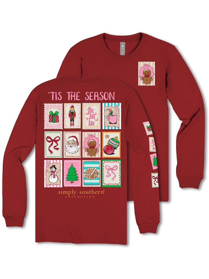 Simply Southern | Merry Mail Holiday Stamps Long Sleeve Graphic T-Shirt in Maroon